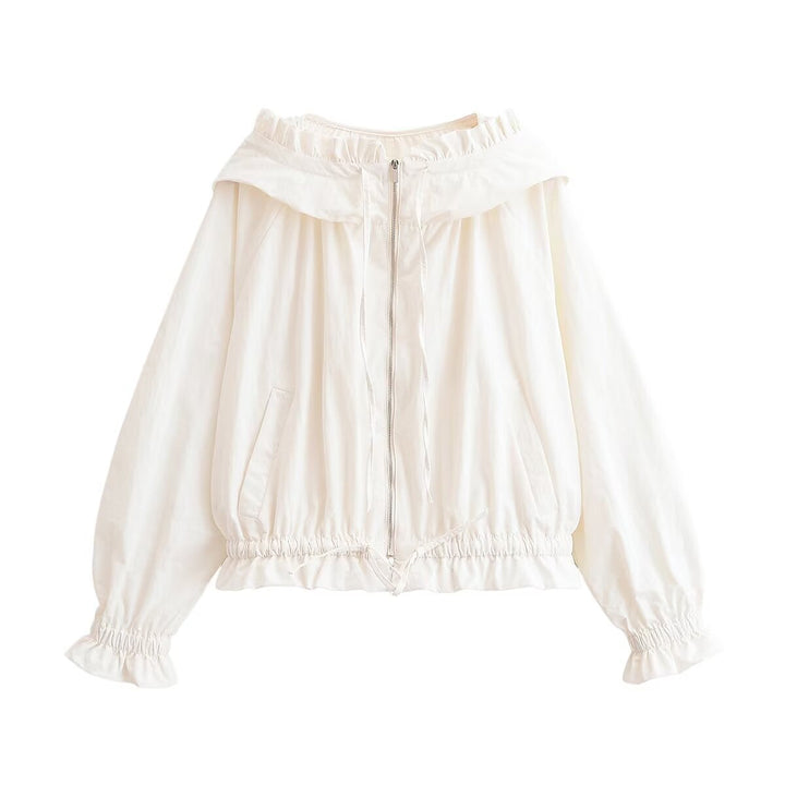 Damska lekka krótka Transitional kurtka z Ruffled kołnierzem, ściągaczem i Elastic Cuffs Lumaza
