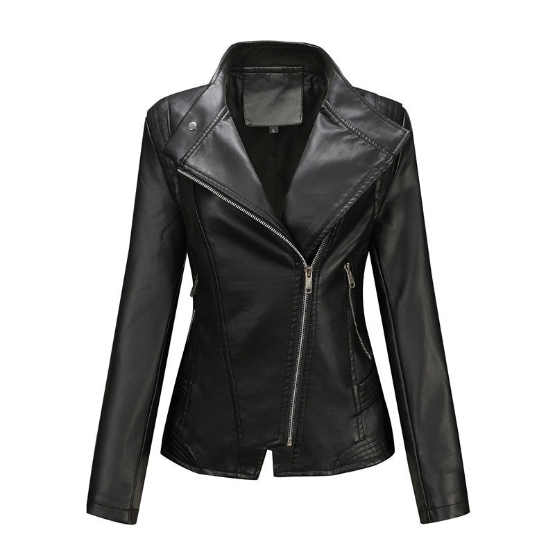 Damska dopasowana biker kurtka made of imitacja skóry z asymmetrical zamkiem błyskawicznym i dopasowana cut Lumaza