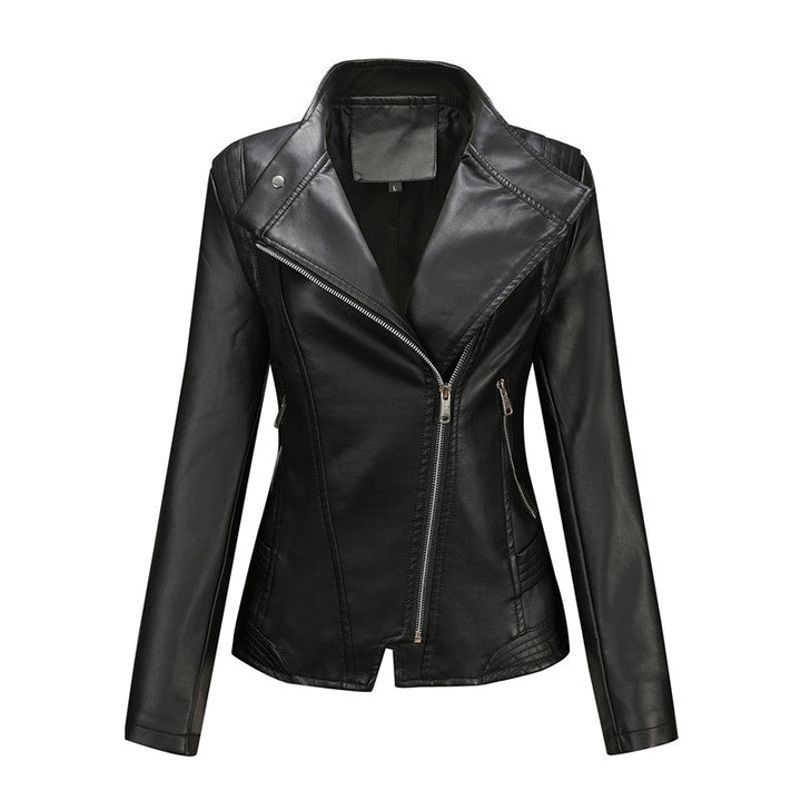 Damska dopasowana biker kurtka made of imitacja skóry z asymmetrical zamkiem błyskawicznym i dopasowana cut Lumaza