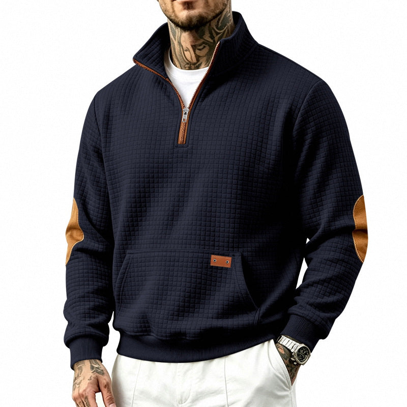 Męska Stójka krótki zamek bluza z checkered relief tekstura i imitacja skóry elbow patches