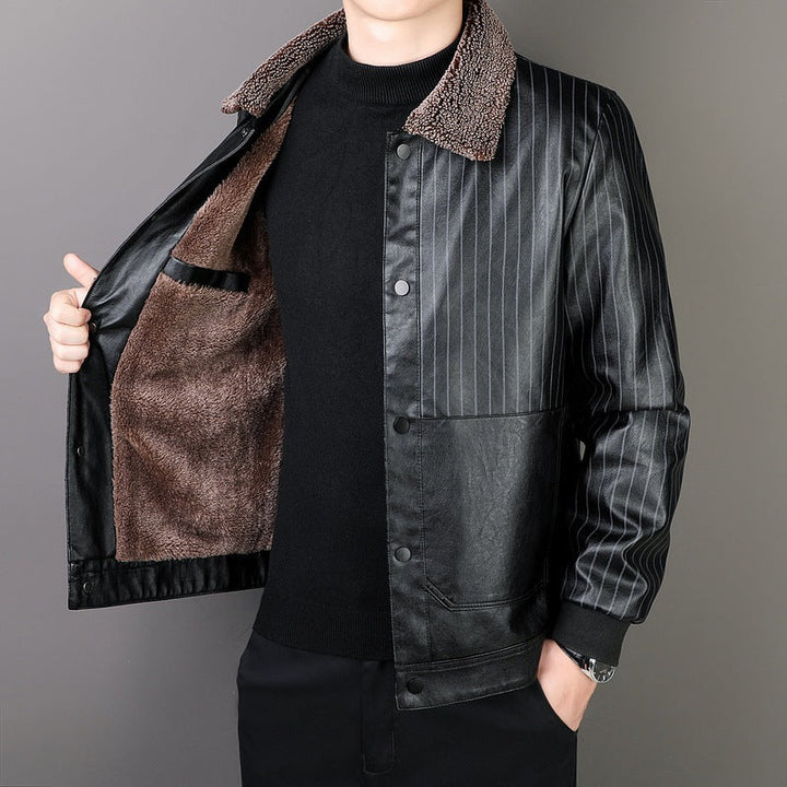 Męski Imitacja skóry Blouson z Sherpa Kołnierz, Ciepły Teddy Podszewka i Pinstripe Detal