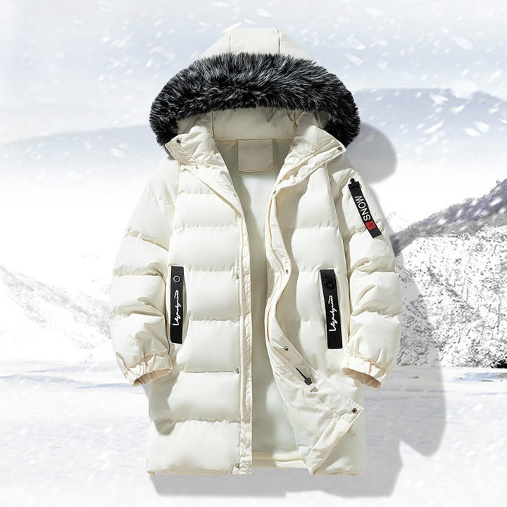 Męska longer pikowana parka z kapturem i imitacja fur trim