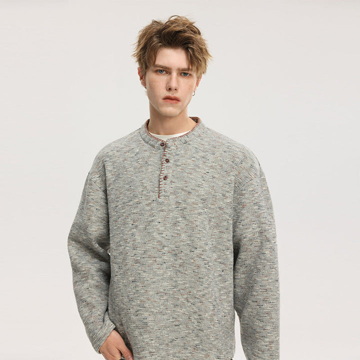 Męska Melange Dzianina Henley Sweter z Stójka, Luźny krój i Listwa guzikowa