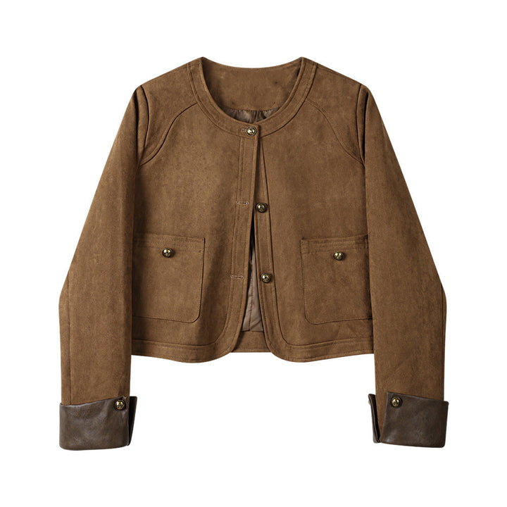 Damska krótka kurtka made of suede leather z round neck, z naszywanymi kieszeniami &amp; turn-up cuffs Lumaza