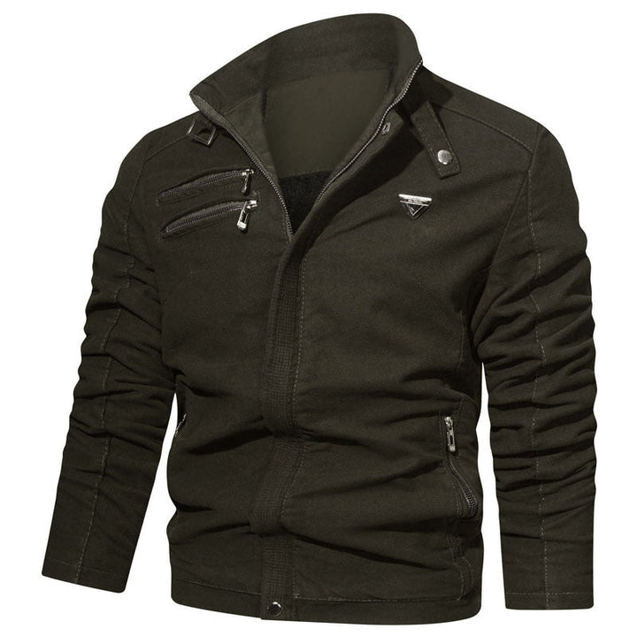 Męski lekki płótno użytkowy blouson z kołnierz ze stójką, asymmetrical chest zamek section, i dekoracyjne zippers.