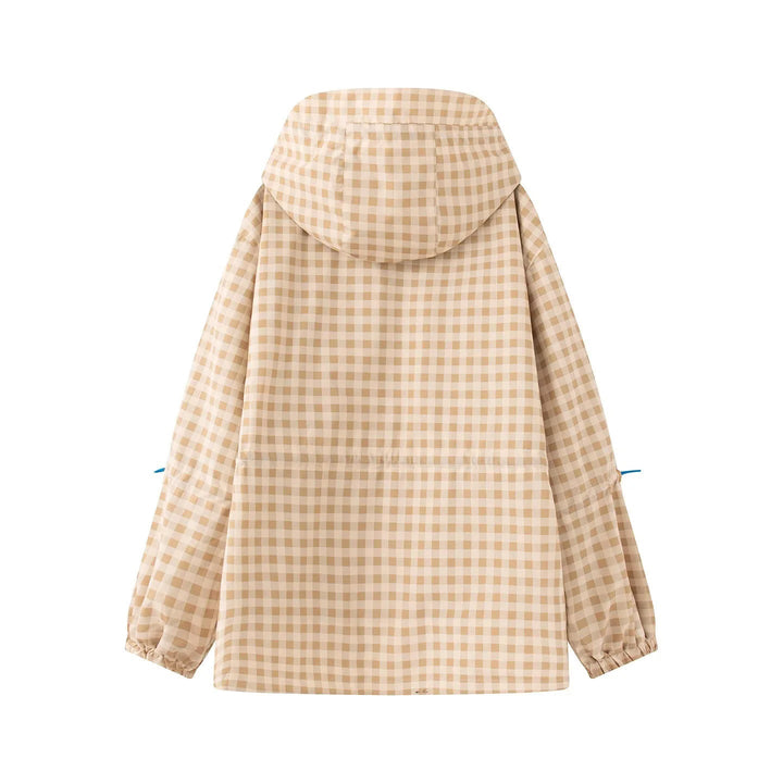 Damska checkered deszczem parka z kaptur, ściągacz Talia i diagonal zippered Kieszenie