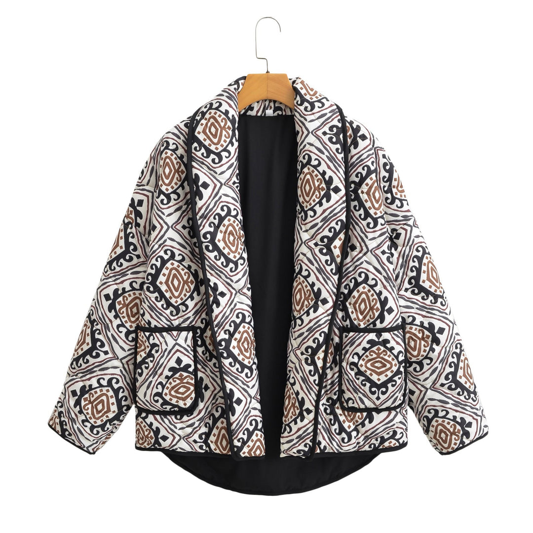Damska pikowana kimono kurtka z Waist paskiem i Ethno Pattern