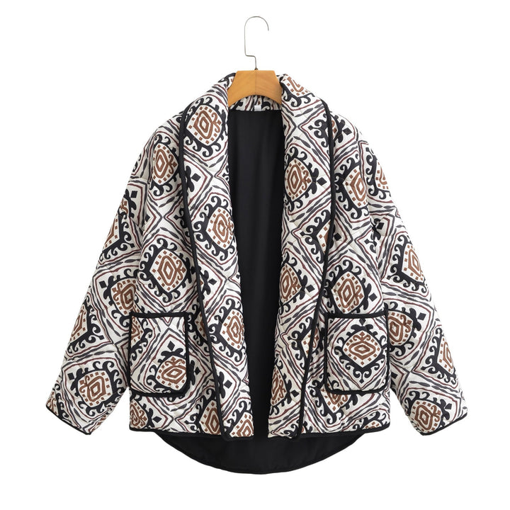 Damska pikowana kimono kurtka z Waist paskiem i Ethno Pattern