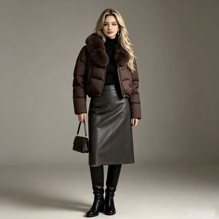 Damska krótka pikowana krótka puchowa kurtka z voluminous faux fur kołnierzem Lumaza