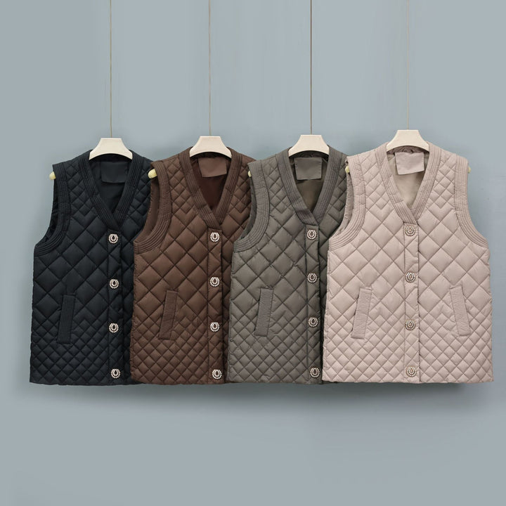 Damska nano pikowana kamizelka z decorative guzikami i V-neck Lumaza