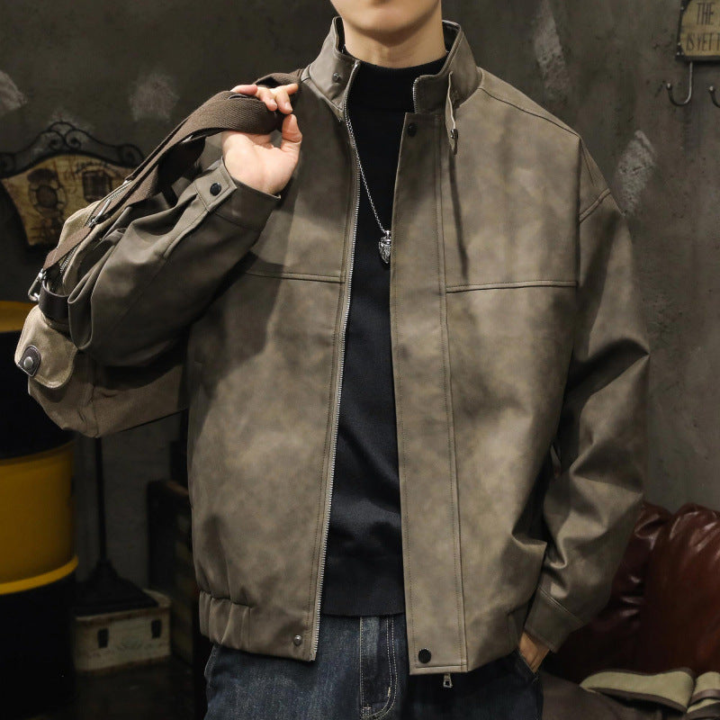Męski Boxy Leather-Look Blouson z ukryty zamek placket, stójka, i elastic waistband