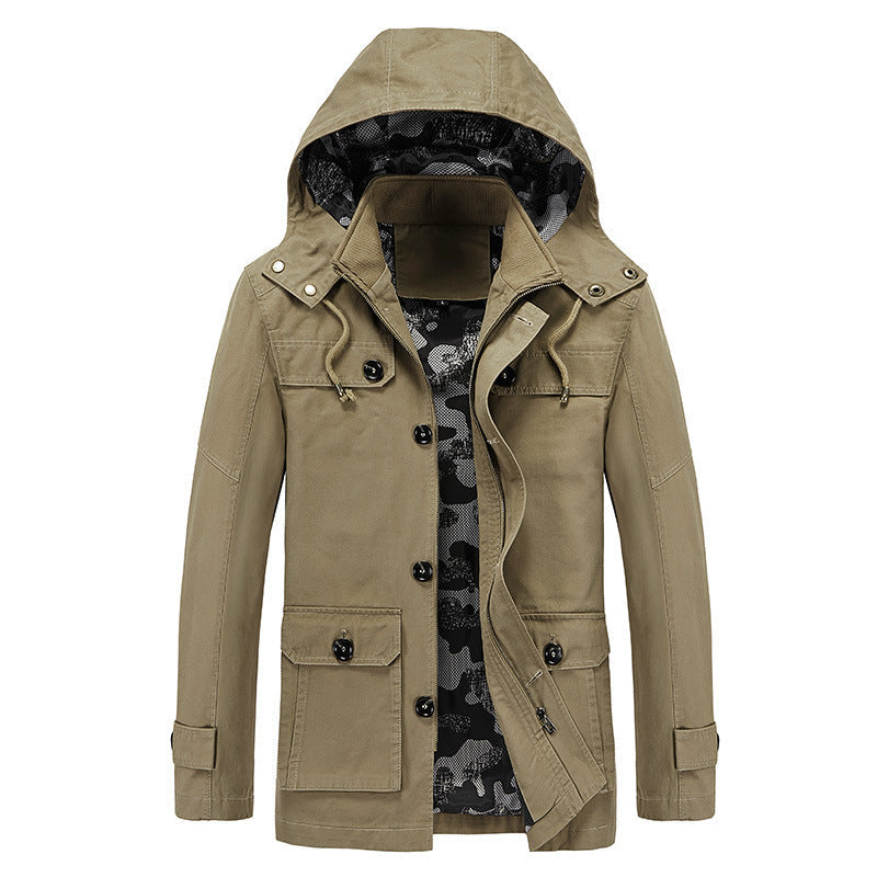 Męski lekki płótno field parka z camouflage podszewka, ukryty zamek i multipurpose kieszenie