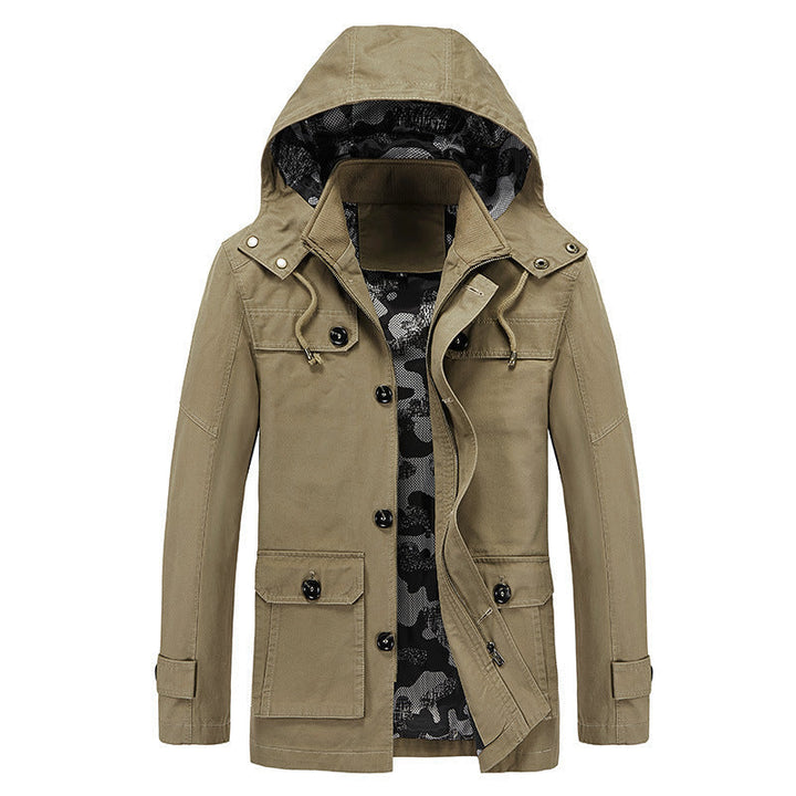 Męski lekki płótno field parka z camouflage podszewka, ukryty zamek i multipurpose kieszenie