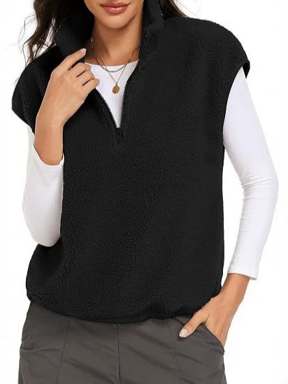 Damskie Sleeveless Teddy Polar Kamizelka z Half Zamek i Stójka