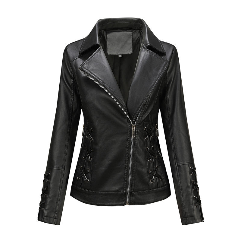 Damska imitacja skóry biker kurtka z side lacing i asymmetric zamkiem błyskawicznym Lumaza