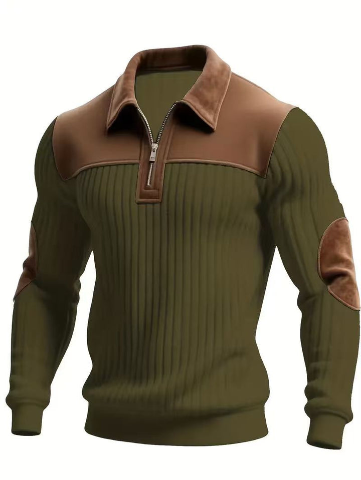 Męska prążkowany krótki zamek pulower z contrasting skóra appliqués na shoulders i elbows