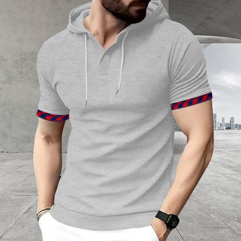 Męska dopasowany Krój krótka rękaw z kapturem koszula w polo Styl z Henley Dekolt i checkered rękaw cuff