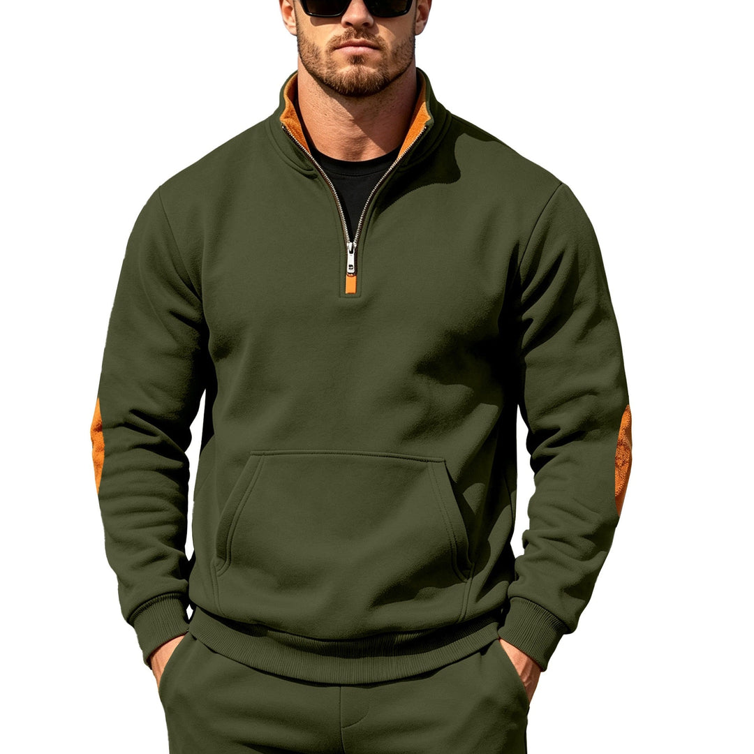 Męska Athletic Krótki zamek Bluza z Elbow Patches i Kieszeń kangurka