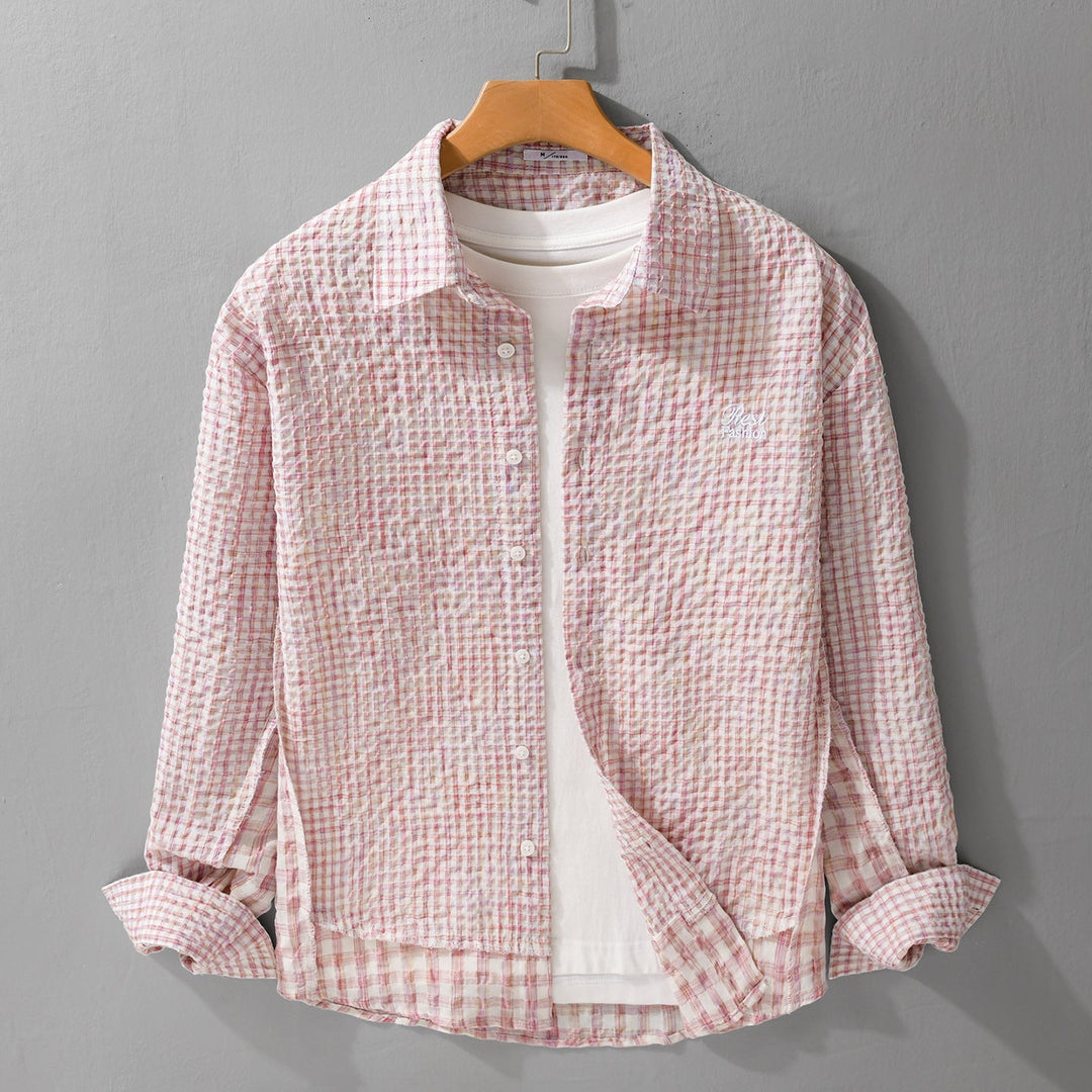 Damska Relaxed-krój Crinkle koszulowa kurtka z fine Gingham weaving structure i subtle chest embroidery Lumaza