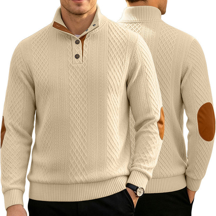 Męska Cable Dzianina Jumper z Stójka i Skóra Wygląd Elbow Patches