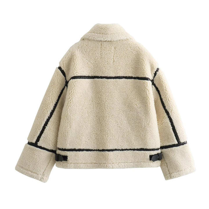 Damska oversize Teddy kurtka in Aviator styl z imitacja skóry Piping, stójka kołnierzem i zamkiem błyskawicznym Lumaza