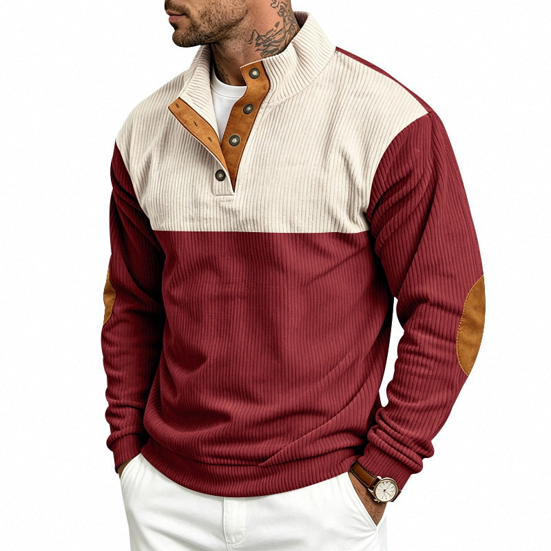 Męska Strukturalny Jumper z Stójka, Press Listwa guzikowa i Elbow Patches
