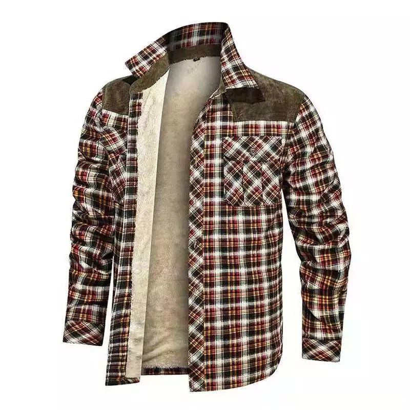 Męska krata flannel kurtka z teddy lwwg, velvet trim, i breast kieszeniami