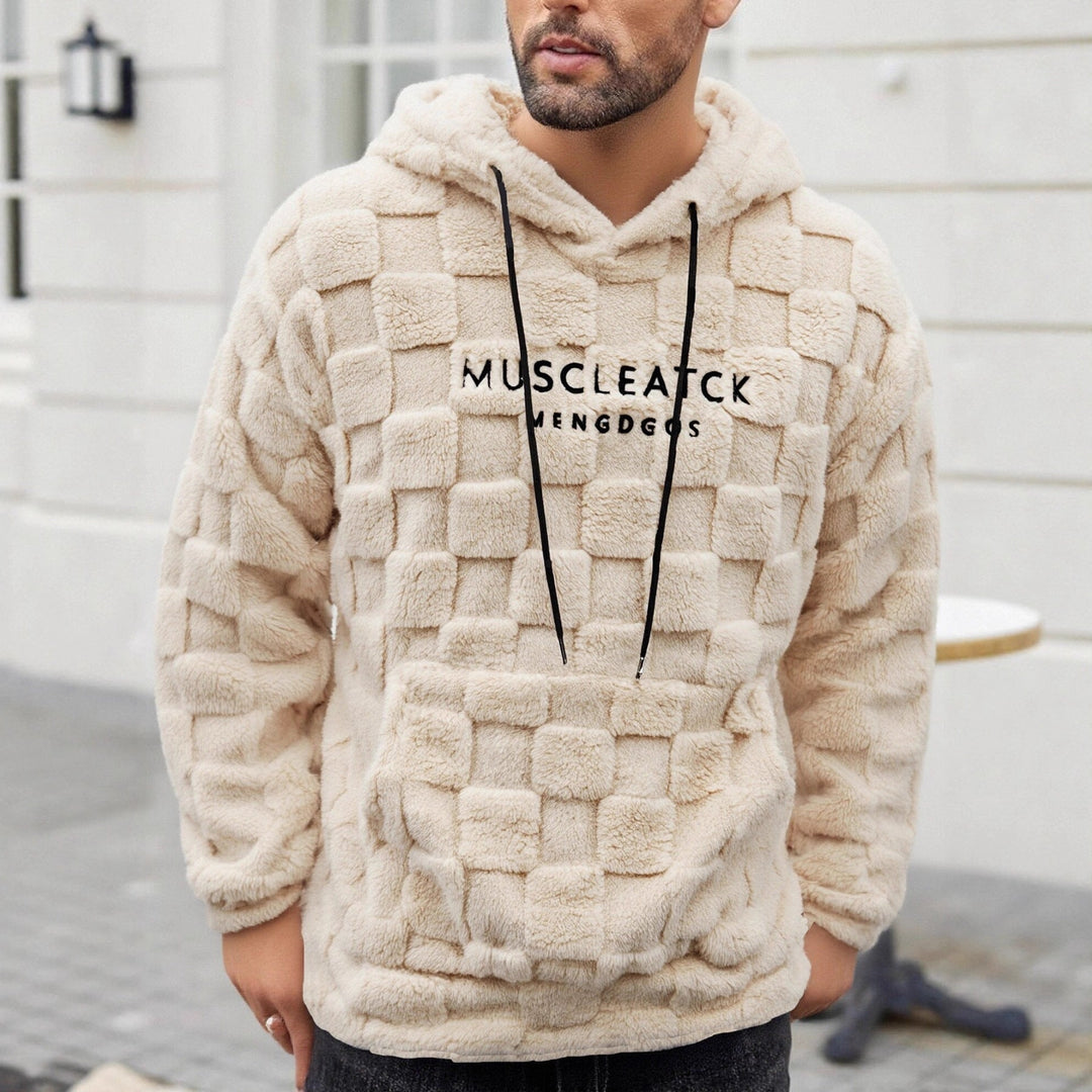 Męska fluffy Sherpa bluza z kapturem z square quilting Wzór, kieszeń kangurka i regulowany kaptur