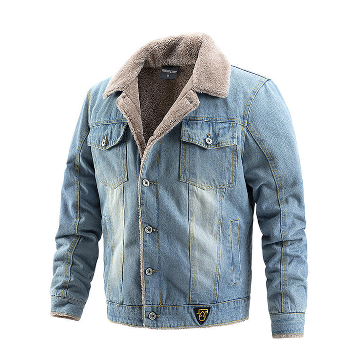 Męski Solidny Denim Trucker Kurtka z Sherpa Podszewka i Teddy Kołnierz