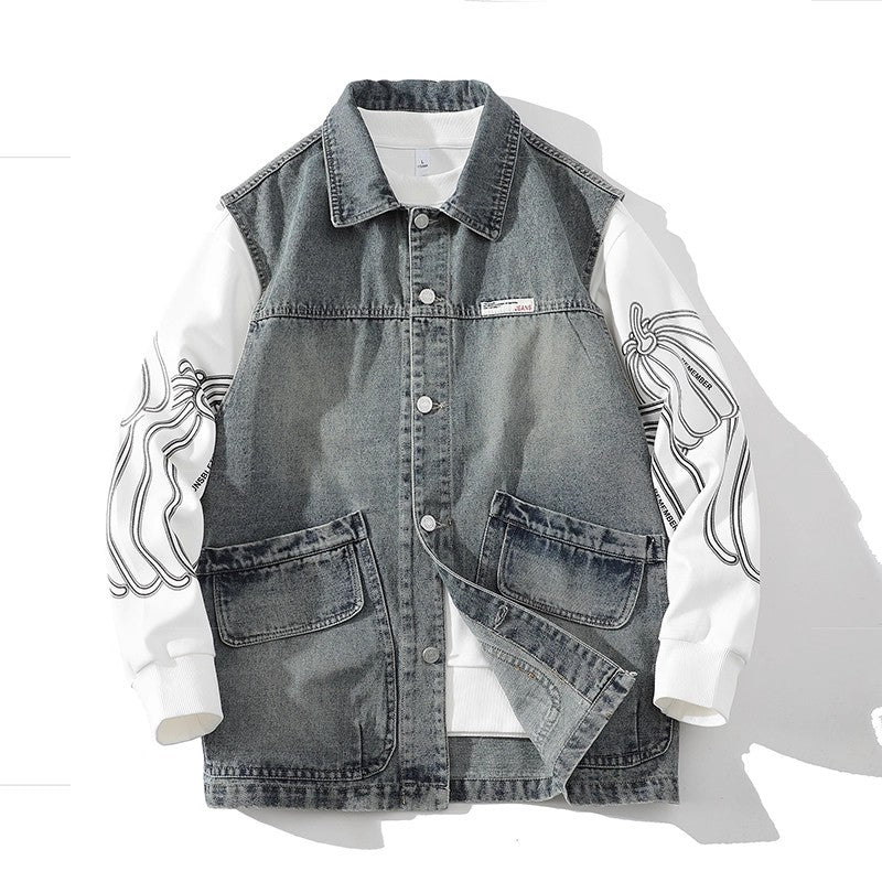 Kamizelka męska z praktycznymi kieszeniami, w stylu retro - z tkaniny dżinsowej na co dzień