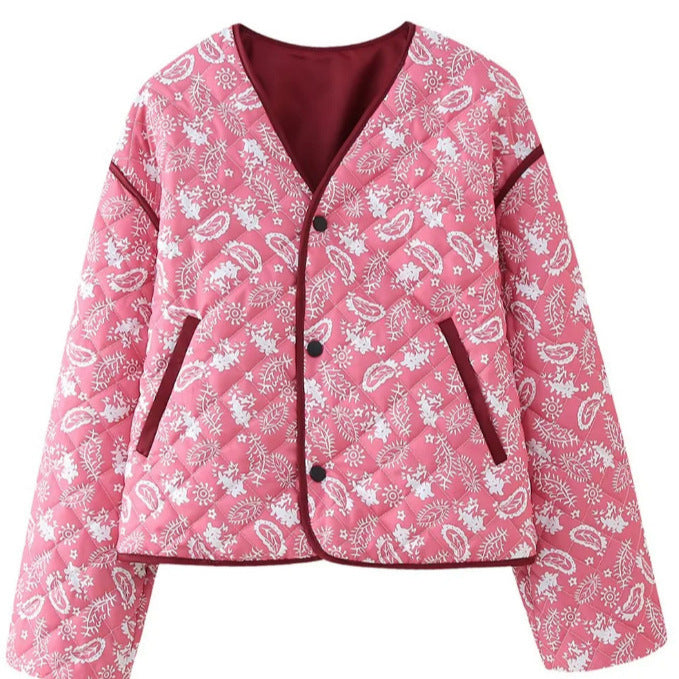 Damska pikowana krótka kurtka z V-neck, paisley Wzór i contrasting lamówka