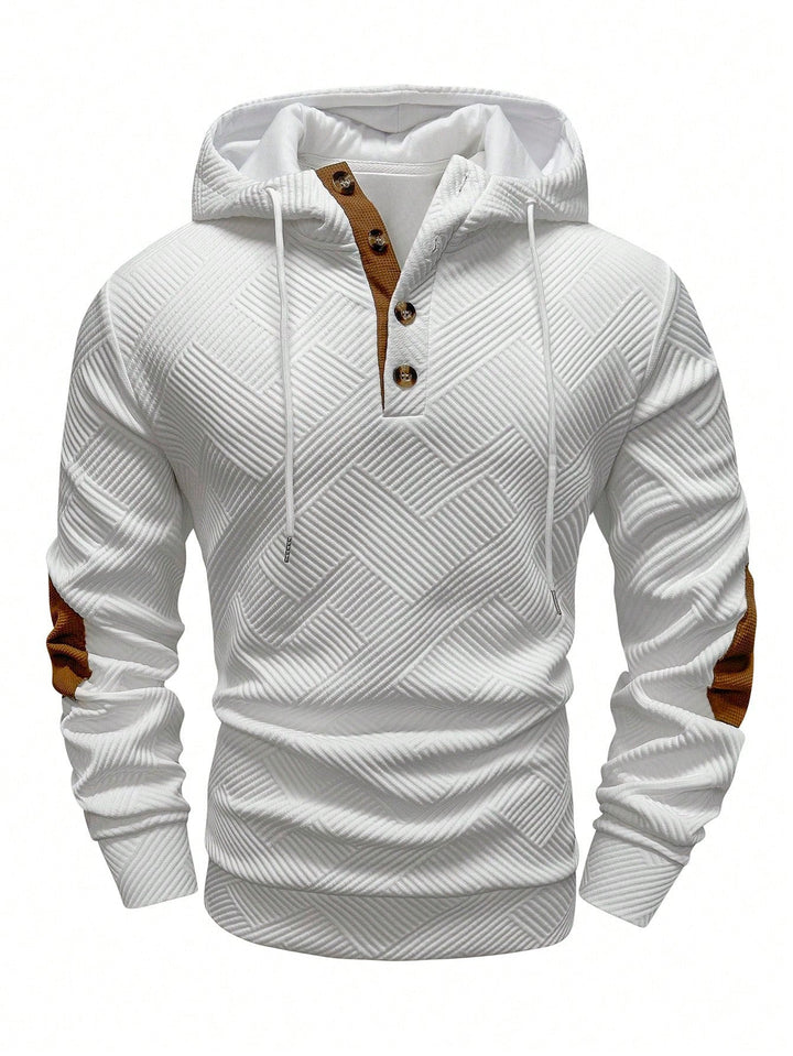 Męska strukturalny bluza z kapturem w Henley Styl z kontrastowy wykończenie i elbow patches