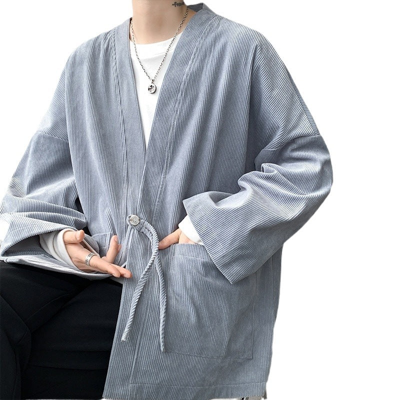 Męska oversize cord kimono kardigan z ściągaczem, naszywanymi kieszeniami i drop rękawy