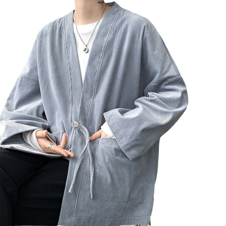 Męska oversize cord kimono kardigan z ściągaczem, naszywanymi kieszeniami i drop rękawy