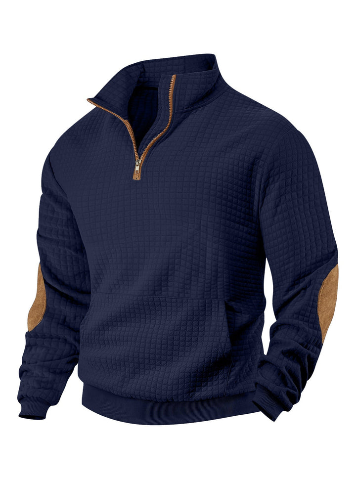 Męska waffle tekstura krótki zamek z Stójka, kieszeń kangurka, i zamsz wygląd elbow patches