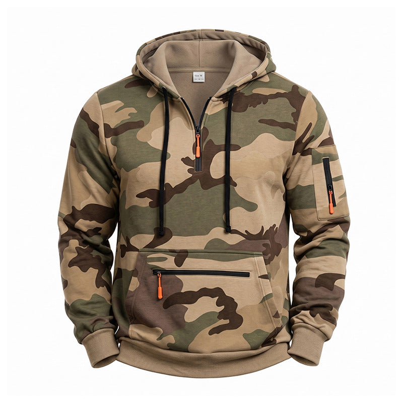Męska Z kapturem Bluza Camouflage z Polar Podszewka, Half Zamek i Kieszenie na zamek