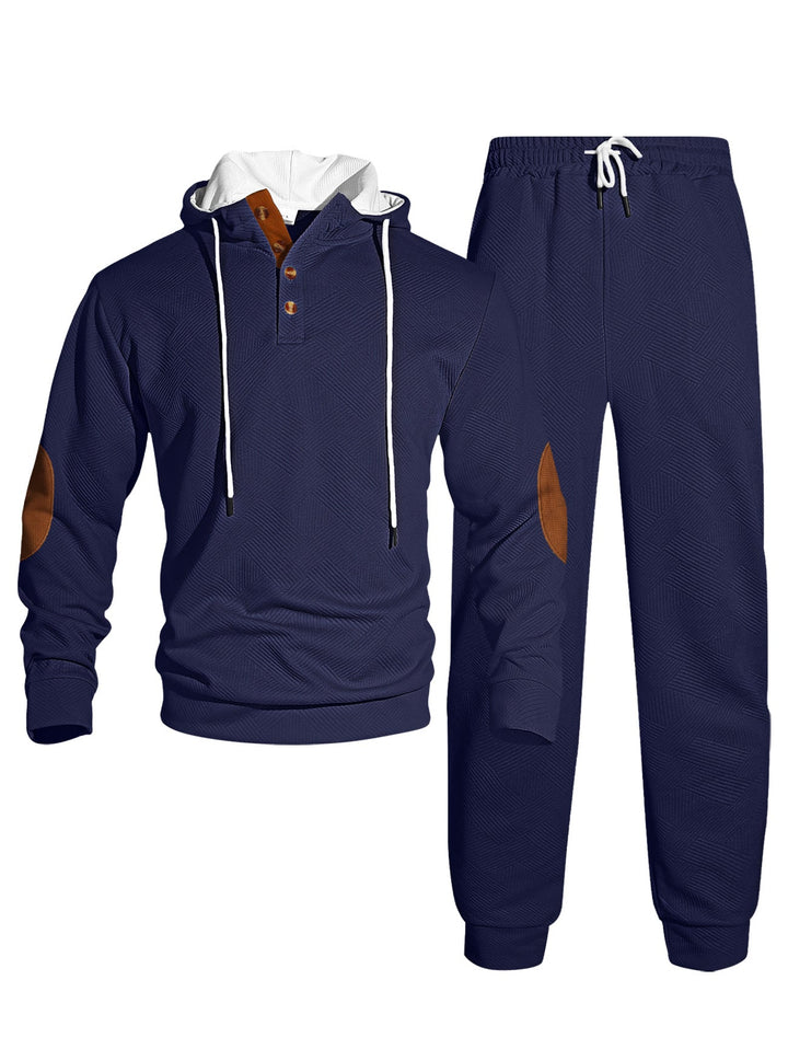 Męska waffle structure Henley bluza z kapturem set z wooden Listwa guzikowa elbow patches i tapered joggery