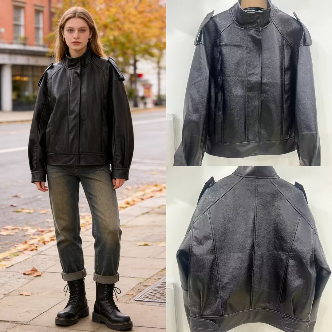 Damska Oversize Skóra Kurtka z Krój-Out Shoulder, Stójka i Strukturalny Szwy