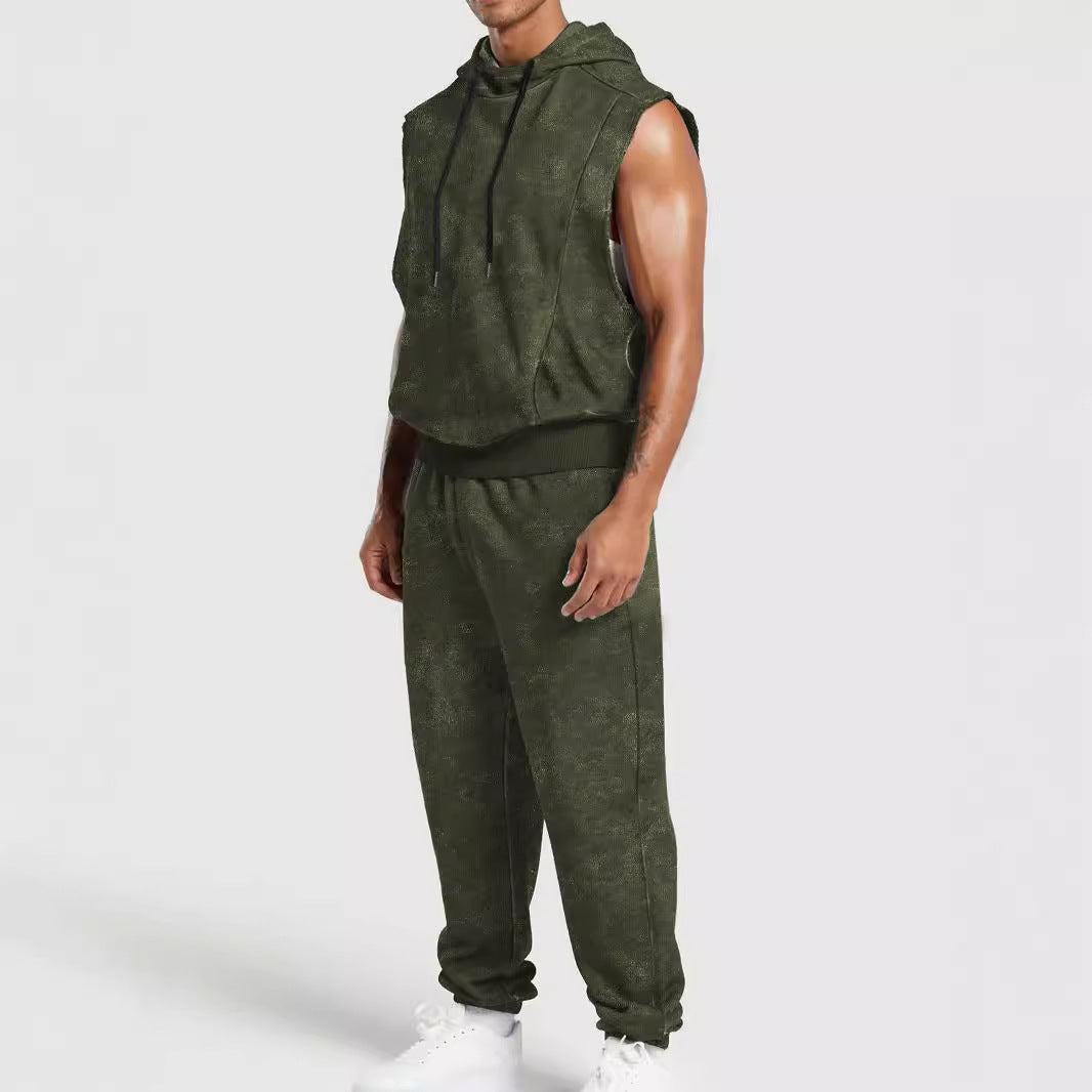 Męska sleeveless z kapturem sweat set w welur wygląd z elastyczny joggery i prążkowane mankiety