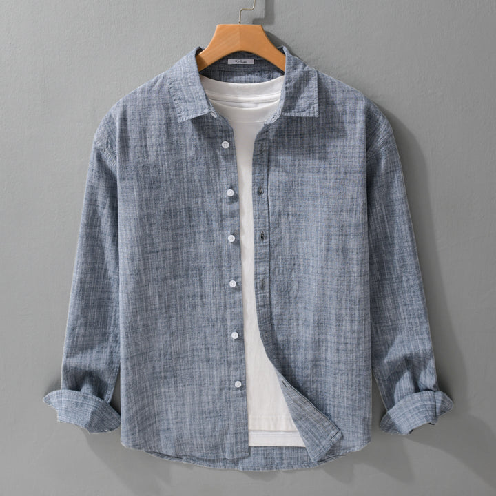 Męski Textured Linen-Cotton Koszula wierzchnia w Luźny krój z Koszula Kołnierz i Continuous Guzik Placket