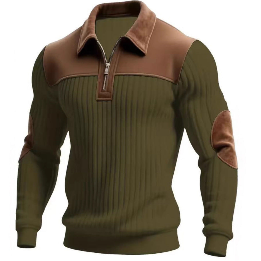 Męska prążkowany krótki zamek pulower z contrasting skóra appliqués na shoulders i elbows