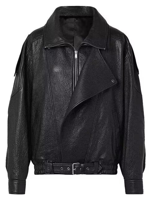 Damska Oversize Imitacja skóry Biker Kurtka z Asymmetrical Zamek, Pasek i Elastyczny Talia