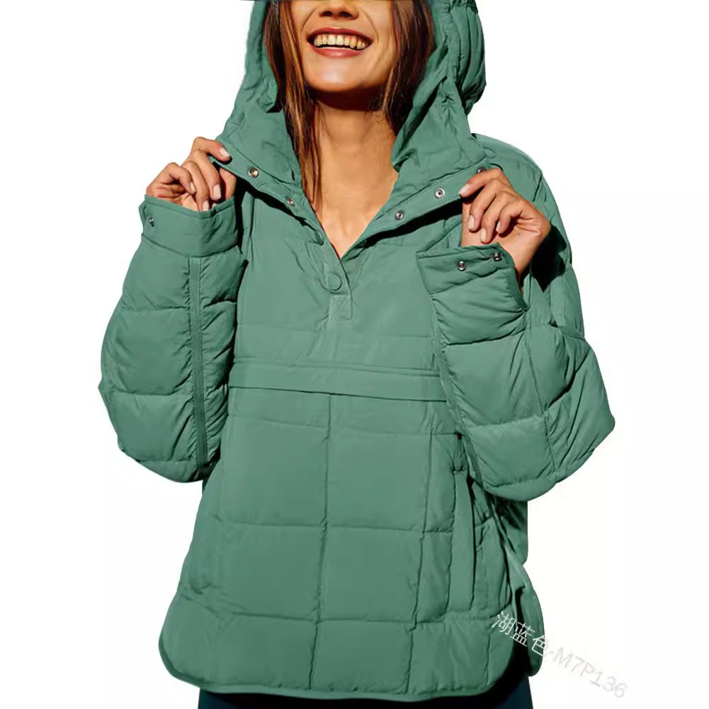 Damska Pikowana Lined Pull-Over Anorak z Kaptur