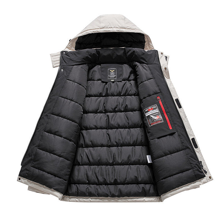 Męska ocieplana field parka z kapturem, Multiple utility kieszeniami i wiatroszczelna Shell