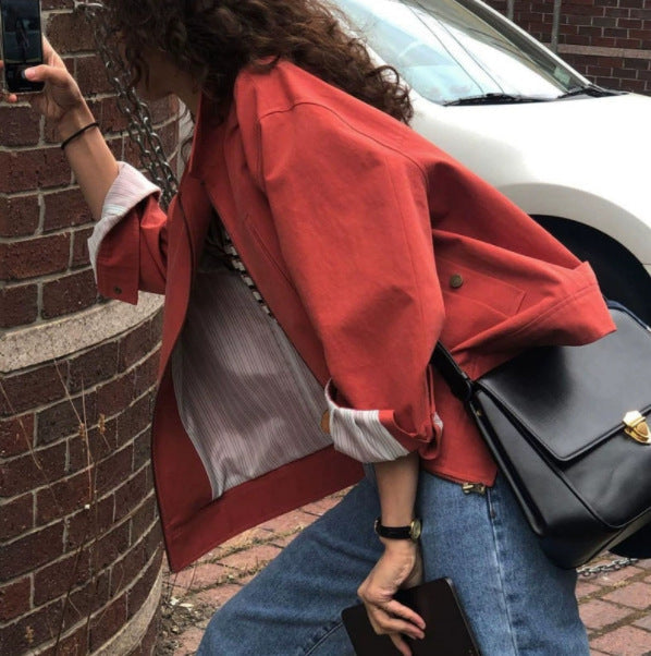 Damska krótka oversize Canvas kurtka z kontrastowy Lining i Cuffed rękawami Lumaza