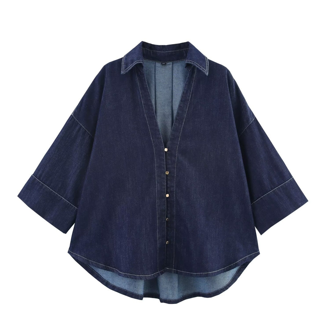 Damska Oversize Denim Kurtka koszulowa z Three-Quarter Rękawy i High-Low Dół
