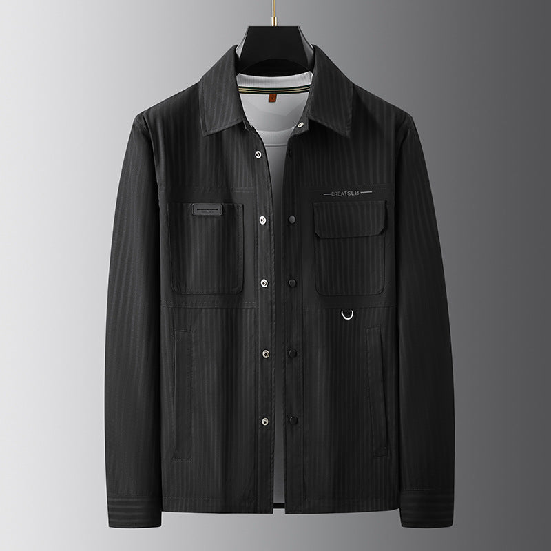 Męski użytkowy przejściowy kurtka w koszula wierzchnia styl z naszywane kieszenie i pinstripe texture