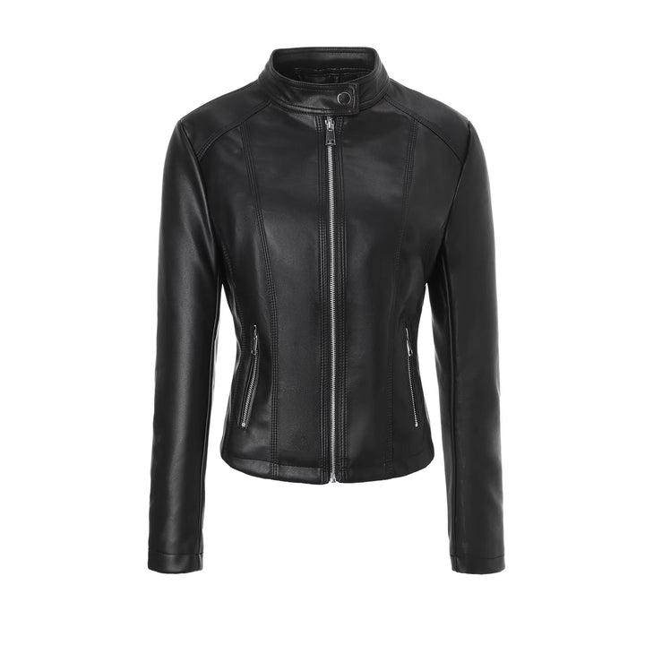 Damska taliowana Leather kurtka z ze stójką, Vertical Decorative Seams i z kieszeniami na zamek Lumaza