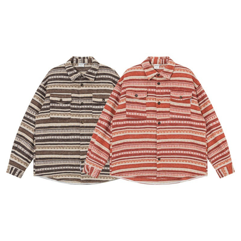 Unisex Oversize Dzianina Kurtka koszulowa w Ethnic Stripe Wzór z Kieszenie z klapkami