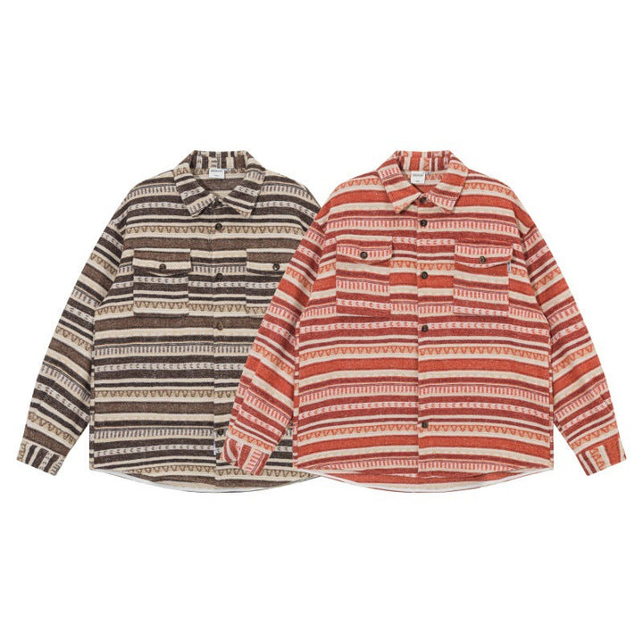 Unisex Oversize Dzianina Kurtka koszulowa w Ethnic Stripe Wzór z Kieszenie z klapkami